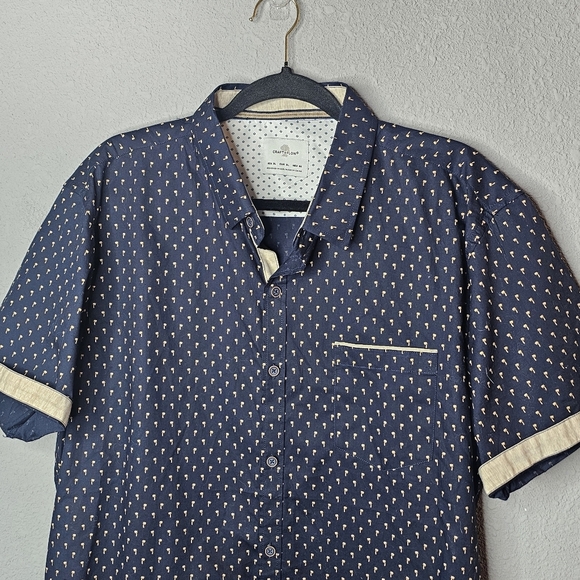 Craft Flow Mens XL Short Sleeve Button Shirt Navy Beige Palm Tree Resort Wear - Picture 3 of 15